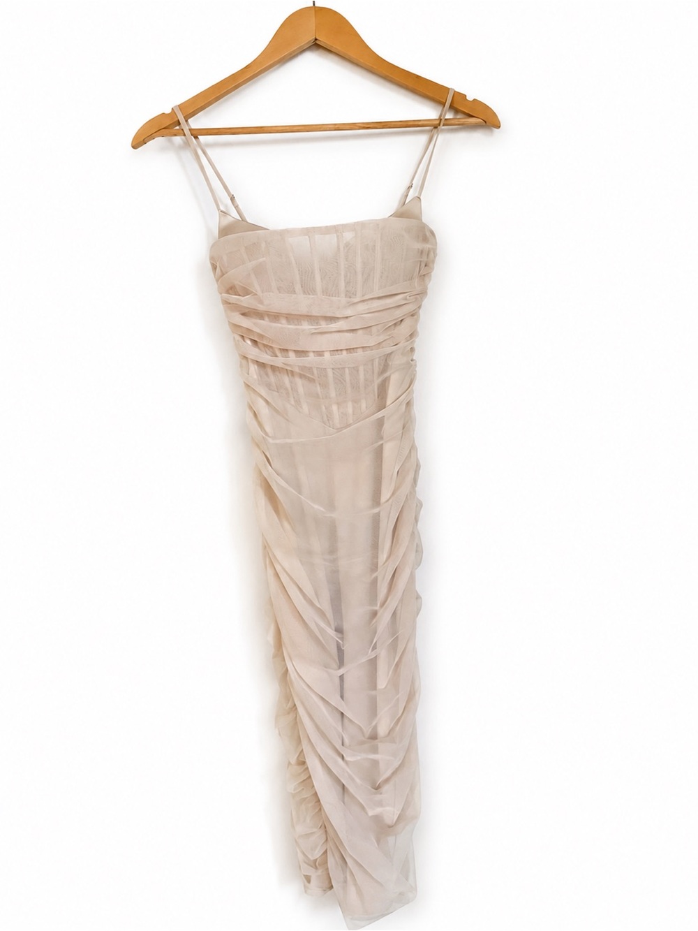 Oh Polly Nude Ruched Mesh Corset Maxi Dress Size 4